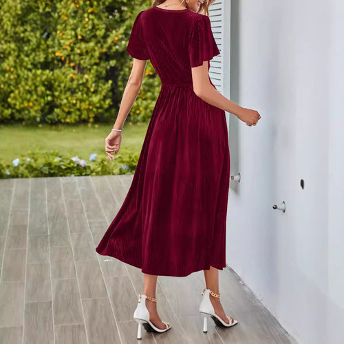Knitted Short-Sleeve V-Neck Defined-Waist Maxi Dress For Women